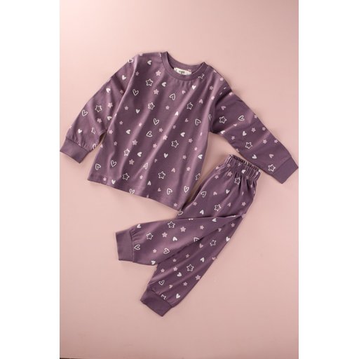 طقم بيجامة أطفال بناتي منقوش، قطن 100%، لون بنفسجي (موردم) - 2-8 سنوات Kids' Patterned Pajama Set, 100% Cotton, Plum - Ages 2-8