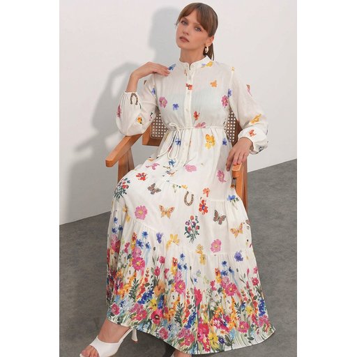 فستان نسائي طويل محتشم بنقشة 2586 - كريم Women's Patterned Long Modest Dress 2586 - Cream