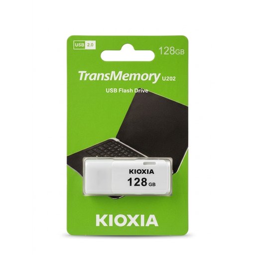 فلاش تخزين USB حجم 128GB فائق السرعة والاعتمادية من ماركة KIOXIA اليابانية بتصميم أبيض أنيق KIOXIA TransMemory U202 128GB USB 2.0 Flash Drive - High Reliability Portable Storage