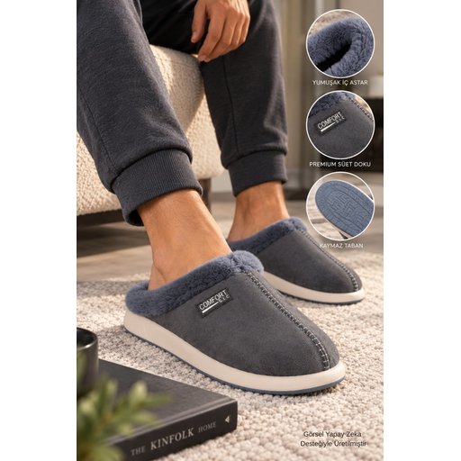 شبشب منزلي رجالي Muggo LAFONT شتوي مبطن بالفرو مريح - رمادي Muggo LAFONT Men's Winter Home Slippers - Fur Lined, Comfortable Sole - Grey