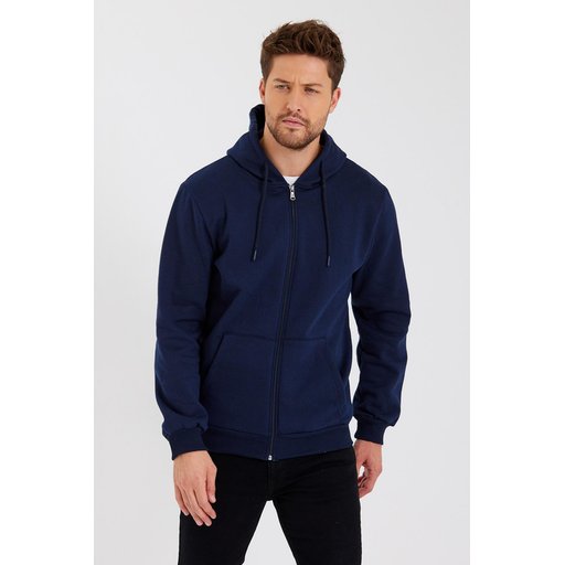 METALIC سترة رجالية بغطاء رأس وسحاب، جيب كنغر، مبطنة بالقطن - كحلي METALIC Men's Navy Hooded Zipper Cardigan with Kangaroo Pocket, Cotton Lined