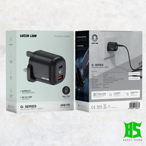 شاحن جداري غان سريع جرين ليون كيو سيريز بقوة 45 واط بمنفذين Green Lion Q-Series UK Plug GaN Charger PD45W + QC3.0 USB-C & USB-A
