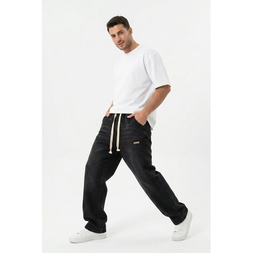 بنطلون جينز رجالي بقصة واسعة ومريحة 30073 - أسود Men's Relaxed Fit Baggy Jean Pants 30073 - Black