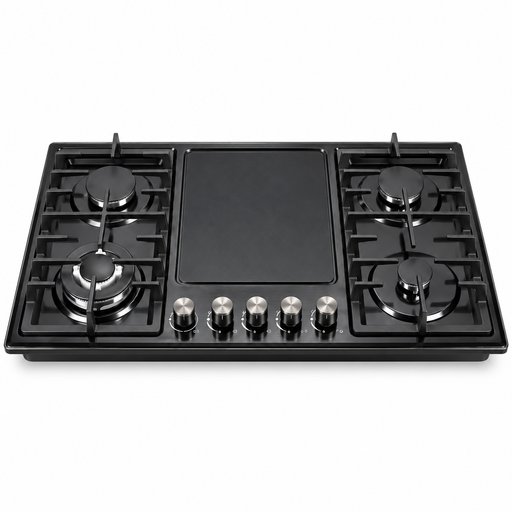 طباخ غاز بلت إن ميلو 90×60 سم – 4 شعلات مع شواية كهربائية وسطية – أسود Milo Built-in Gas Hob 90×60 cm – 4 Burners with Central Electric Grill – Black