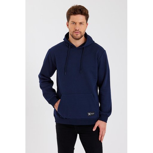 سويت شيرت رجالي بغطاء رأس وجيب كانجارو، مبطن بالقطن - كحلي Men's Cotton-Lined Hooded Sweatshirt with Kangaroo Pocket - Navy Blue