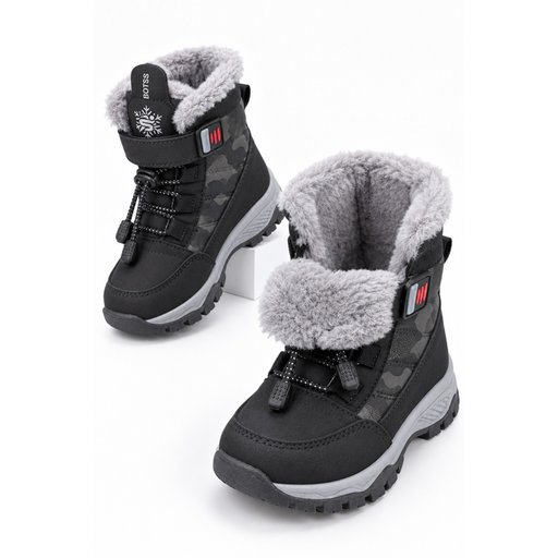 حذاء ثلج للأطفال Muggo TUNDY للجنسين مبطن بالفرو مع فيلكرو وأربطة - أسود Muggo TUNDY Unisex Kids' Fur-Lined Snow Boot with Hook-and-Loop and Laces - Black
