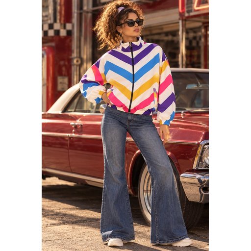جاكيت بومبر نسائي بنقشة هندسية - متعدد الألوان 0781 Women's Geometric Pattern Bomber Jacket 0781 - Multicolor