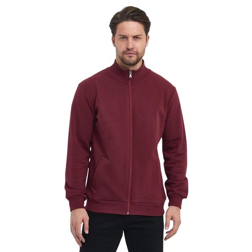 جاكيت رجالي بورجوندي بسحاب وياقة قائمة وجيوب جانبية مبطن بالقطن Men's Burgundy Cotton-Lined Zippered Stand-Collar Cardigan with Side Pockets