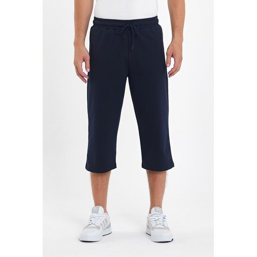 شورت برمودا رجالي كابري كحلي بجيوب وسحاب، طول الركبة، خصر مطاطي قابل للتعديل Men's Navy Bermuda Capri Shorts with Zipper Pockets, Knee-Length, Adjustable Elastic Waist