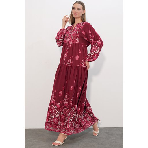 فستان نسائي طويل محتشم بنقشة 2585 - C. Bordo Women's Patterned Long Modest Dress 2585 - C. Bordo
