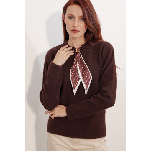 كنزة نسائية فضفاضة بتفاصيل وشاح 15971 - بني Women's Oversize Scarf Detail Sweater 15971 - Brown