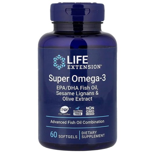 سوبر أوميغا 3 – زيت السمك مع مستخلص الزيتون والسمسم لايف اكستينشن Super Omega-3, EPA/DHA Fish Oil, Sesame Lignans & Olive Extract, 60 Softgels