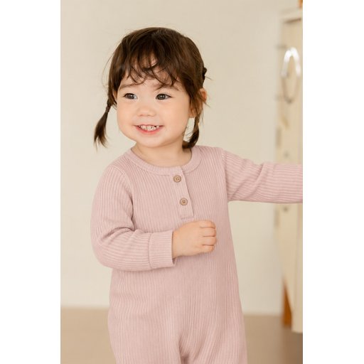 تولوم أطفال مضلع بأساور - وردي بودرة (0-3 سنوات) Ribbed Cuffed Baby Romper - Powder Pink (0-3 Years)