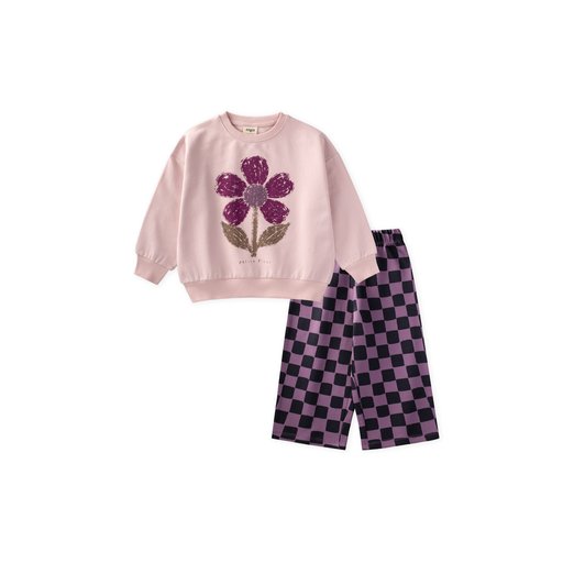 طقم سويتشيرت بناتي منقوش - وردي فاتح (2-8 سنوات) Girls' Patterned Sweatshirt Set - Powder Pink (2-8 Years)