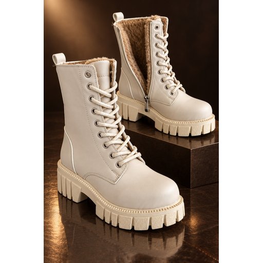 بوت نسائي Muggo CALVENA شتوي مبطن بالفرو بسحاب ونعل سميك مانع للانزلاق - بيج Muggo CALVENA Women's Winter Fur-Lined Boots with Zipper, Chunky Non-Slip Sole - Beige
