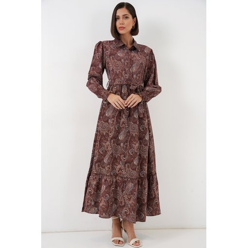 Women's Belted Modest Dress 2589 - Brown