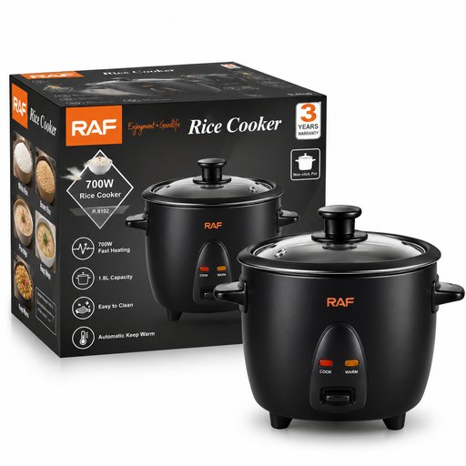 طباخة أرز راف 1.8 لتر 700 واط – أسودR.0102 RAF Rice Cooker 1.8L 700W – Black   R.0102