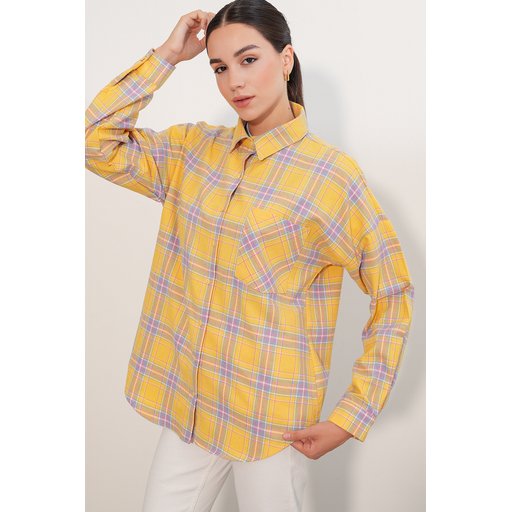 قميص نسائي 3854 كاروهات بجيبين - خردلي 3854 Women's Plaid Double Pocket Oversize Shirt - Mustard