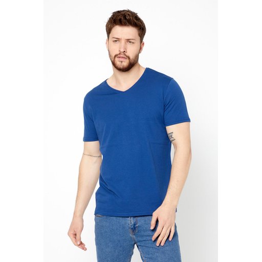تي شيرت رجالي قطن 100% بقصة عادية وياقة V لون نيلي Men's Indigo 100% Cotton Basic Regular Fit V-Neck Short Sleeve T-Shirt