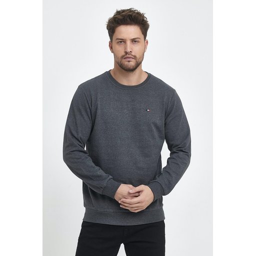 سويت شيرت رجالي بياقة دائرية وتطريز - ANTRASİT Men's Anthracite Crew Neck Embroidered Regular Fit Sweatshirt - ANTRASİT
