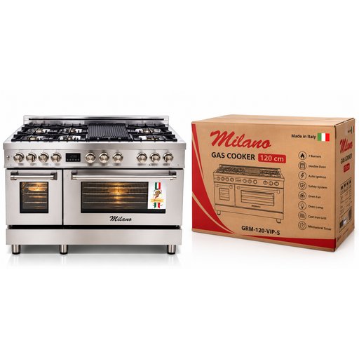 طباخ غاز ميلانو ستانلس ستيل 120 سم 7 شعلات مع فرنين Milano 120cm Stainless Steel Gas Cooker 7 Burners with Double Oven