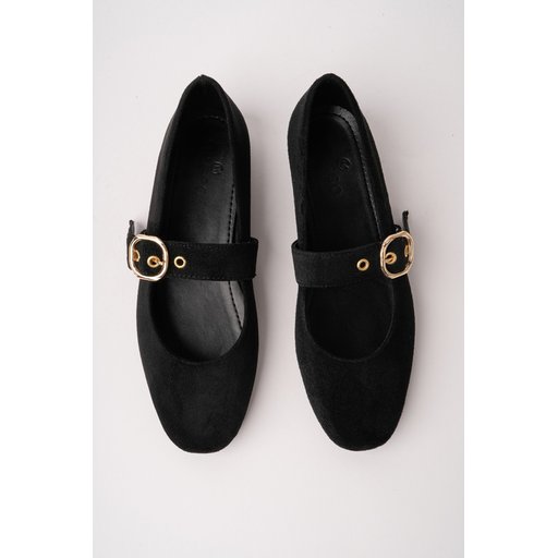 حذاء باليه نسائي Muggo HALSEY ذهبي بإبزيم جلد - أسود Muggo HALSEY Gold Buckle Leather Women's Ballet Flats - Black