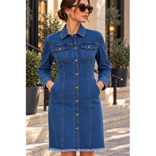 فستان جينز نسائي بأكمام طويلة 0614 - أزرق داكن Women's Long Sleeve Denim Dress 0614 - Dark Blue