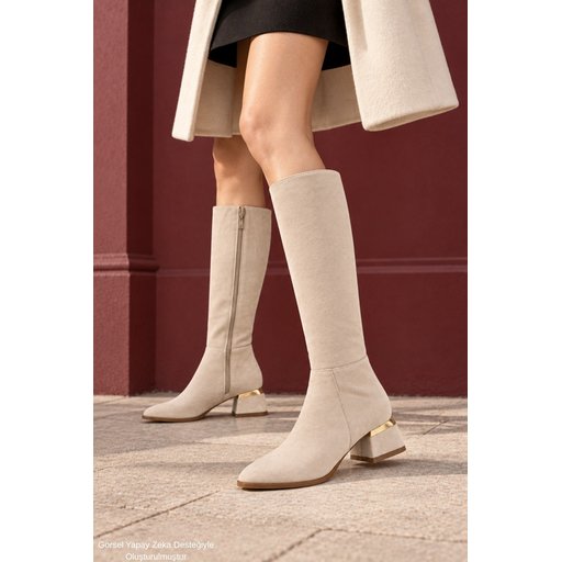 حذاء MUGGO COLLİE نسائي بكعب مدبب وسحاب جانبي - بيج سويدي MUGGO COLLİE Women's Pointed Toe Side Zipper Heeled Boots - Beige Suede