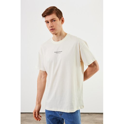 Leo Men's Oversize T-Shirt 100% Cotton Crew Neck with Print Detail - Ecru
