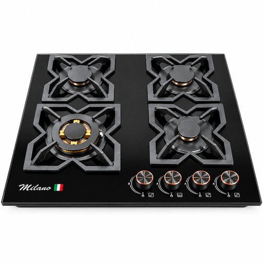طباخ غاز منضدي ميلانو 4 شعلات زجاج أسود 60×60 سم – موديل ID-G-4013cppper Milano 4-Burner Built-in Gas Hob 60×60 cm – ID-G-4013cppper