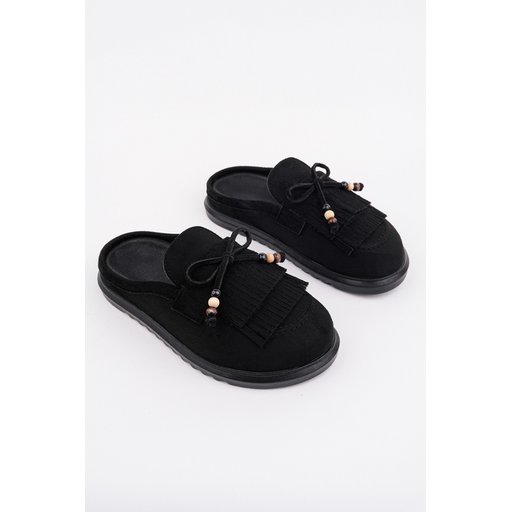 Muggo FRİNGE حذاء لوفر نسائي مريح من الجلد السويدي بتفاصيل فيونكة وشرابة - أسود Muggo FRİNGE Women's Suede Leather Bow Detail Tassel Loafer Slippers - Black