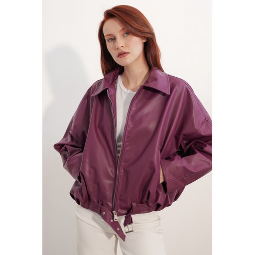 جاكيت نسائي جلد بحزام 1056 - لون بنفسجي داكن Women's Belt Detail Leather Jacket 1056 - Plum