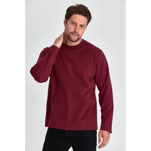 سويت شيرت رجالي مريح بقصة عادية وياقة دائرية مزدوجة - عنابي Men's Burgundy Double Crew Neck Standard Relaxed Fit Sweatshirt