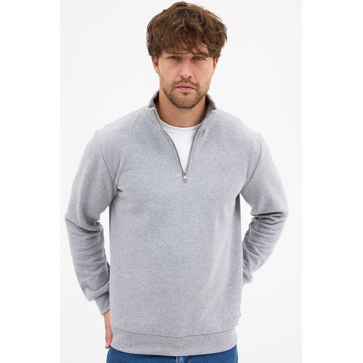 سويتشيرت رجالي رمادي بياقة قائمة وسحاب نصفي، قصة عادية من القطن المخلوط Men's Grey Standard Fit Cotton Blend Half-Zip Stand-Up Collar Sweatshirt