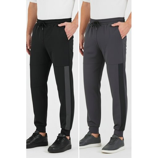 بنطال رياضي رجالي جوغر مريح قطعتين أسود-فحمي بقصة عادية وخصر مطاطي Men's Black-Anthracite Standard Fit Jogger Sweatpants 2-Pack with Ribbed Cuffs and Pockets