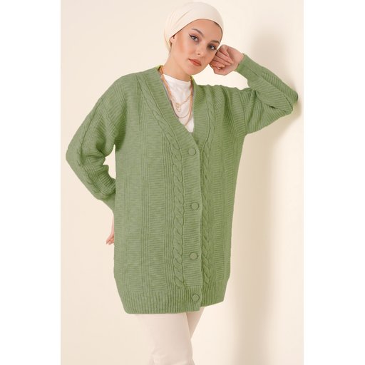 جاكيت تريكو محتشم بأزرار ونقشة جدائل - أخضر 15768 Modest Knitted Cardigan with Braided Pattern - Dark Green