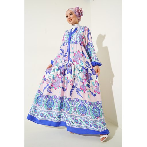 فستان محتشم بنقشة أصيلة 2423 - كحلي داكن 2423 Authentic Patterned Modest Dress - Dark Navy