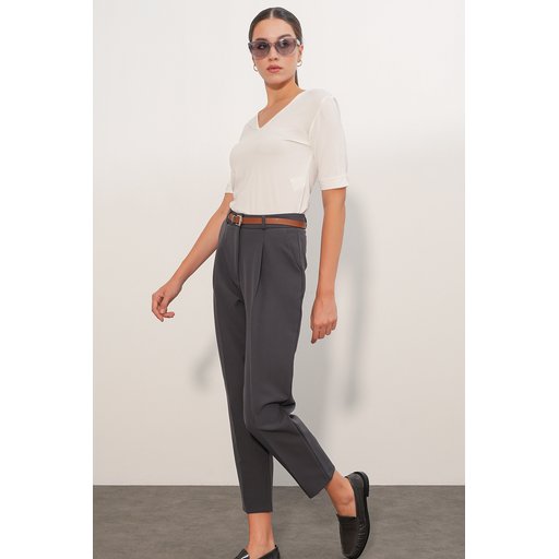 بنطلون قماش نسائي بحزام 30136 - أنثراسيت Women's Belted Fabric Trousers 30136 - Anthracite