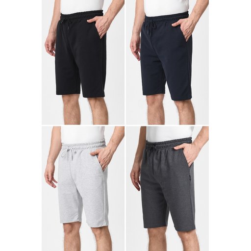 شورت رجالي 4 قطع بخصر مطاطي وقصة عادية - أسود، كحلي، رمادي، أنثراسيت Men's Regular Fit Elastic Waist Side Pocket Shorts 4-Pack - Black, Navy, Grey, Anthracite