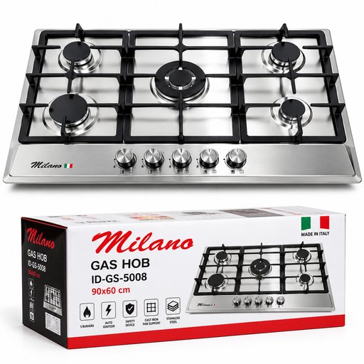طباخ غاز منضدي ميلانو 5 شعلات ستيل 90×60 سم – ID-GS-5008 Milano 5-Burner Stainless Steel Built-in Gas Hob 90×60 cm – ID-GS-5008