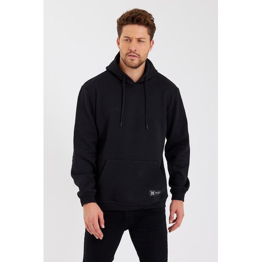 سويت شيرت رجالي أسود بغطاء رأس وجيب كانجارو - مبطن بالقطن Men's Black Hooded Sweatshirt with Kangaroo Pocket - Cotton Lined