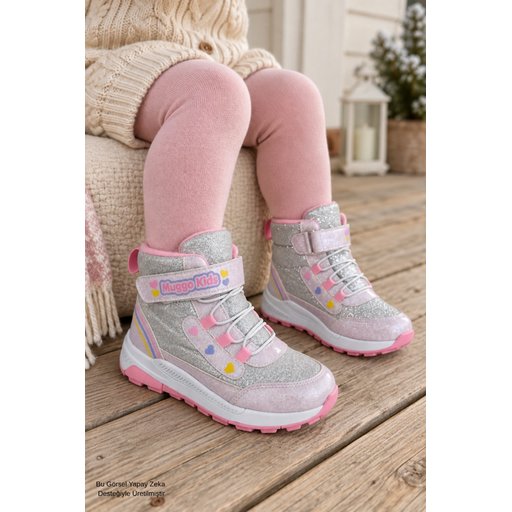 بوت شتوي بناتي MUGGO HUGGIE رمادي بلمعة وتفاصيل قلب، لاصق ورباط MUGGO HUGGIE Girls' Winter Boots - Glitter, Heart Detail, Velcro & Laces - Grey