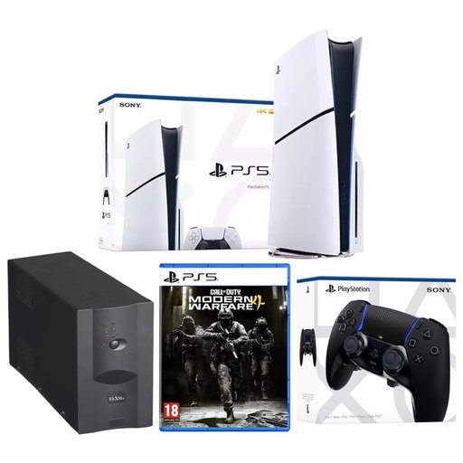 باندل بلايستيشن 5 سليم مع يو بي اس 1500 ويدة DualSense Edge سوداء ولعبة مودرن وورفير 4 PlayStation 5 Slim Bundle with 1500VA UPS, DualSense Edge Black & Modern Warfare 4