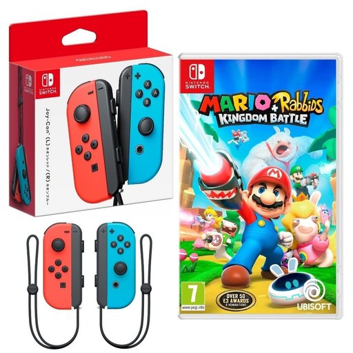 باندل نينتندو سويتش جوي كون نيون أحمر وأزرق مع لعبة ماريو + رابيدز: كينغدوم باتل Nintendo Switch Joy-Con (Neon Red / Neon Blue) & Mario + Rabbids Kingdom Battle Bundle