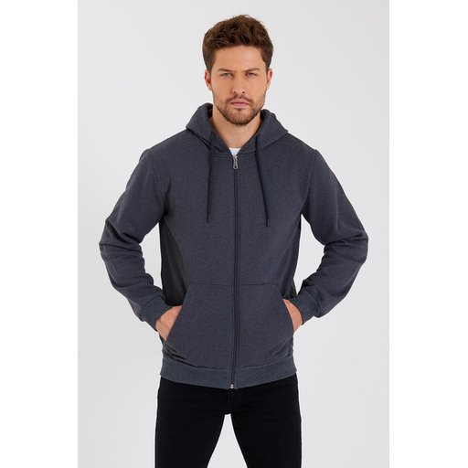 METALIC سترة رجالية بغطاء رأس وسحاب، بجيوب كانجارو، مبطنة بالقطن - أنثراسيت METALIC Men's Hooded Zipper Cardigan with Kangaroo Pockets, Cotton Lined - Anthracite