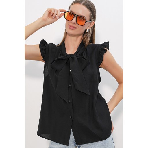 قميص نسائي بدون أكمام بربطة عنق 40038 - أسود Women's Tie-Neck Sleeveless Blouse 40038 - Black