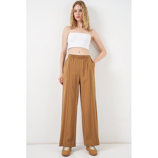 بنطلون نسائي واسع الساق بخصر مطاطي 30087 - لون توبا Women's Elastic Waist Wide Leg Trousers 30087 - Taba
