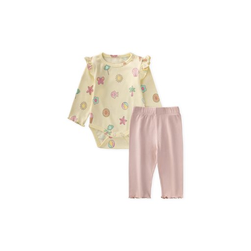 طقم سالوبيت أطفال مزخرف بكشكشة - أصفر (0-2 سنة) Patterned Ruffled Baby Bodysuit Set - Yellow (0-2 Years)