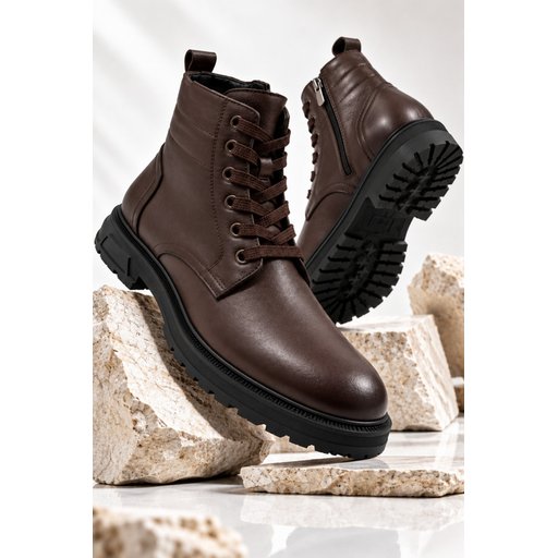 Muggo DİARA حذاء بوت رجالي شتوي يومي جلد طبيعي برباط وسحاب - بني Muggo DİARA Men's Genuine Leather Lace-Up & Zipper Winter Daily Boots - Brown