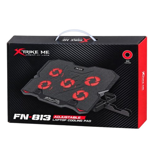 قاعدة تبريد لابتوب احترافية بـ 5 مراوح وإضاءة حمراء Xtrike Me FN-813 قابلة للتعديل مع حامل هاتف احترافي Xtrike Me FN-813 5-Fan Adjustable Gaming Laptop Cooling Pad with Red LED Light and Phone Stand